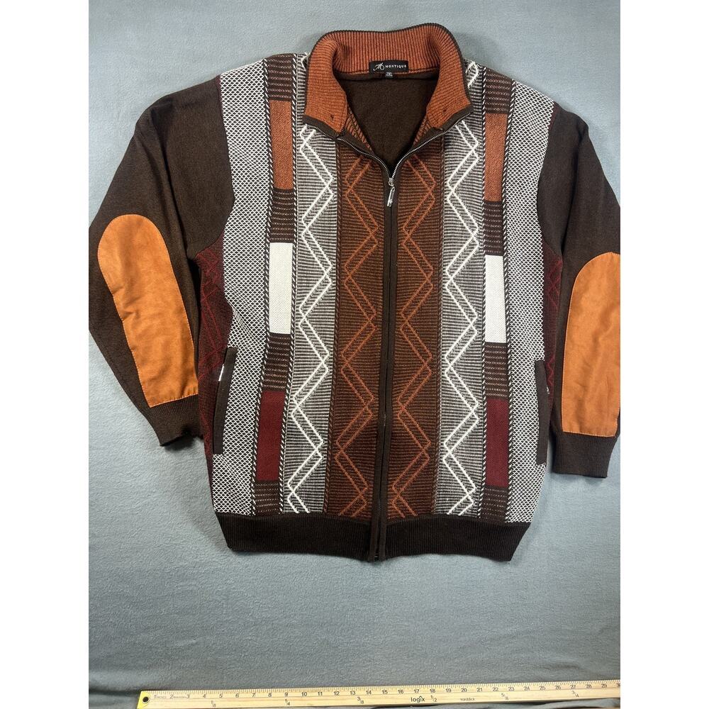 VTG Montique Med 3D Knit Zip Sweater 80s Retro Size 2XL Multicolor Hip Hop Style - Picture 2 of 14